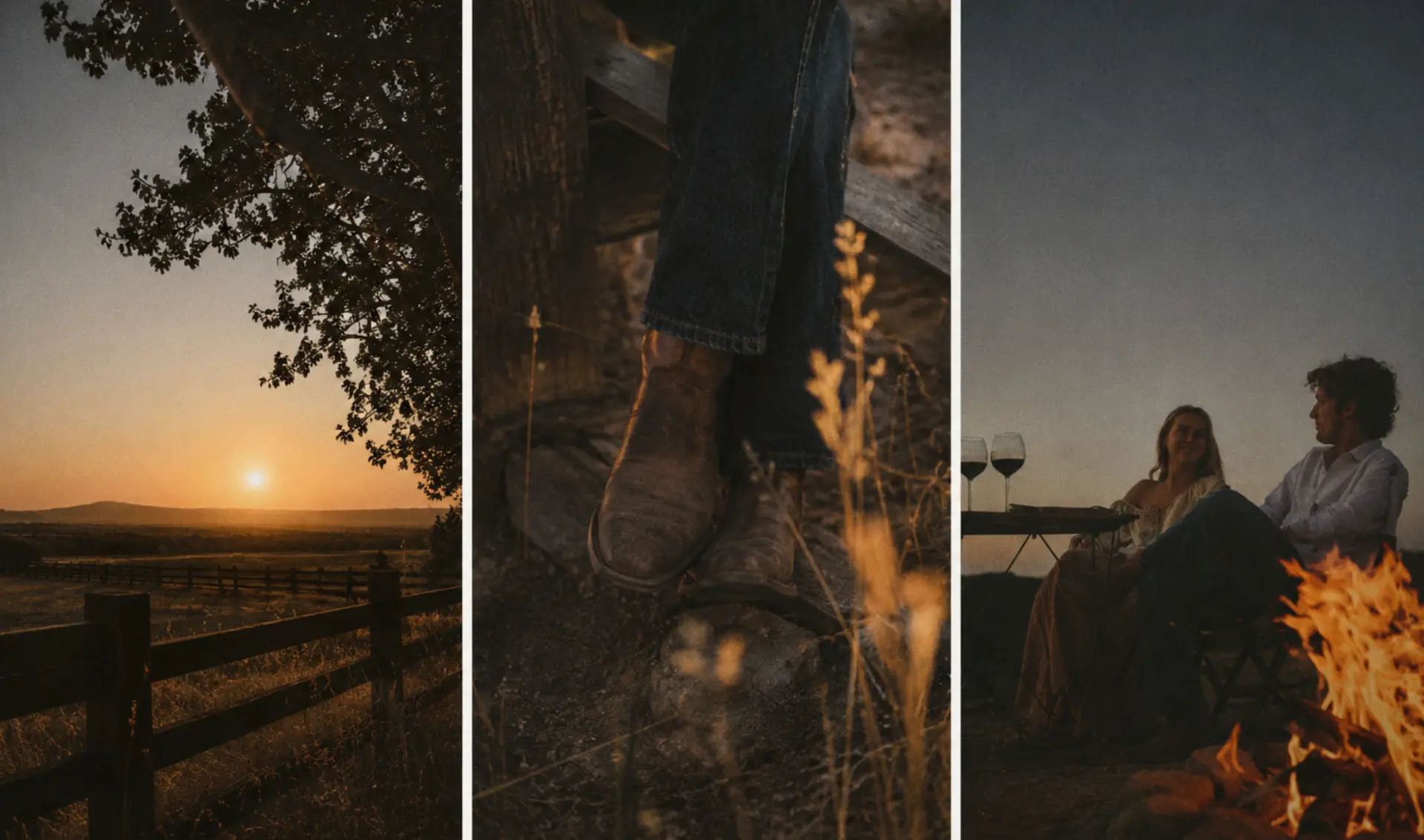 Evening at Wyelea — sunset over the fence line, boots on a stone step, and friends gathered by the fire